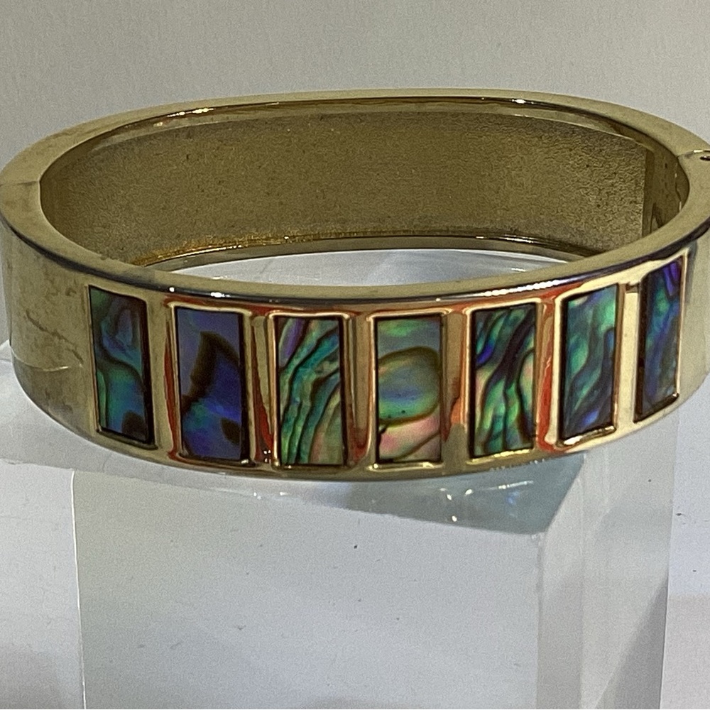 Vintage Abalone Gold Tone Panel Hinged Bracelet